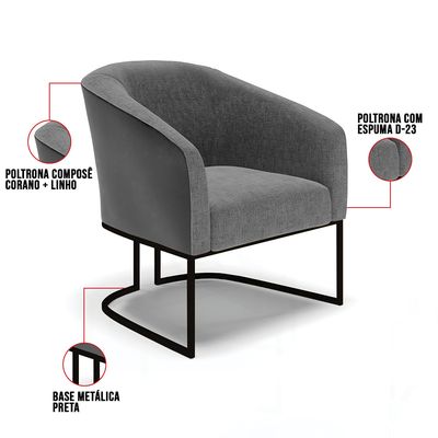 Poltrona Stella Corano Preto com Linho Grafite A26 Base Industrial Preto - D'Rossi