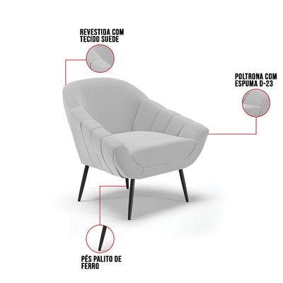 Kit 01 Namoradeira 02 Lugares e 02 Poltronas Giovana Suede Cinza Pés Palito De Ferro D03 - D'Rossi