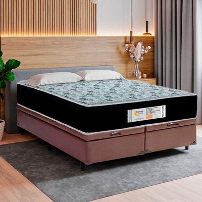 Cama Box Baú Queen Bipartido Sintético + Colchão Molas Ensacadas Sereneprime Sonnolux marrom
