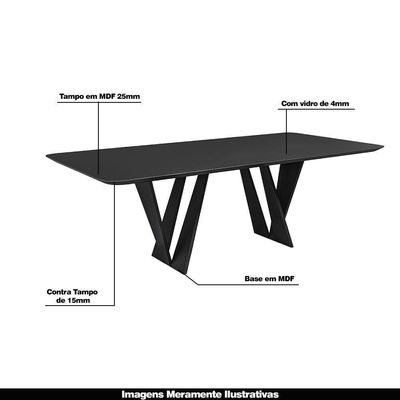 Mesa 8 Lugares 250cm Tampo Com Vidro Shuri Preto/ébano