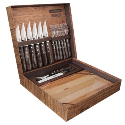 Kit para Churrasco Tramontina Tábua de Carne Facas Garfos Aço Inox e Madeira Polywood 15 Peças