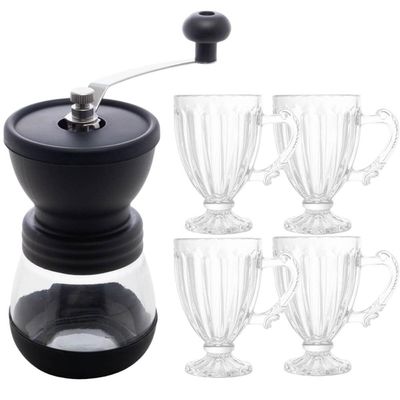 Conjunto Moedor Manual de Café e 4 Xícaras de Café Curto Expresso 100ml Cristal Lyor
