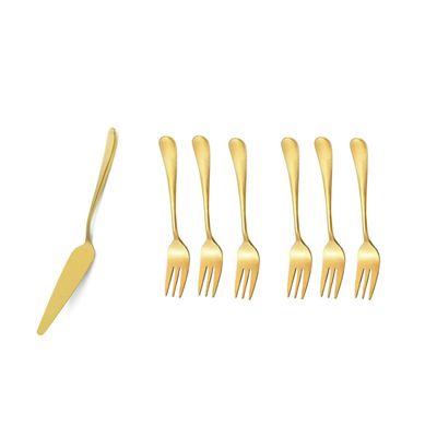 Espatula e Garfo de Bolo Dourado Talheres Sobremesa Inox 7un