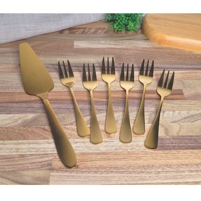 Espatula e Garfo de Bolo Dourado Talheres Sobremesa Inox 7un
