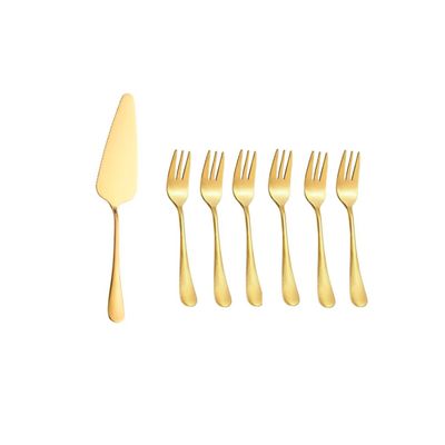 Espatula e Garfos de Bolo Dourado Sobremesa Inox Kit 7un