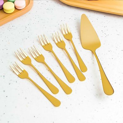 Espatula e Garfos de Bolo Dourado Sobremesa Inox Kit 7un