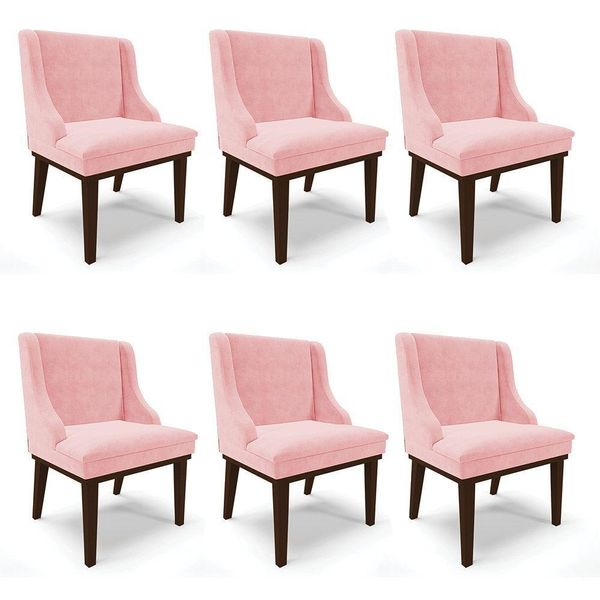 Kit 06 Cadeiras De Jantar Base Madeira Tabaco Rosa Bebê