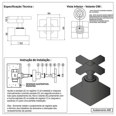 Acabamento Registro Preto Black Padrão Deca Pressão E Gaveta 16 Estrias Abs