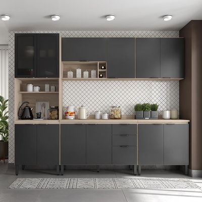 Cozinha Completa com Tampo Firenze 13 Portas 2 Gavetas Avena e Grafite