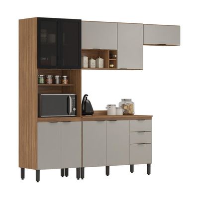 Cozinha Compacta com Tampo Firenze 10 Portas 2 Gavetas Amêndola e Bege