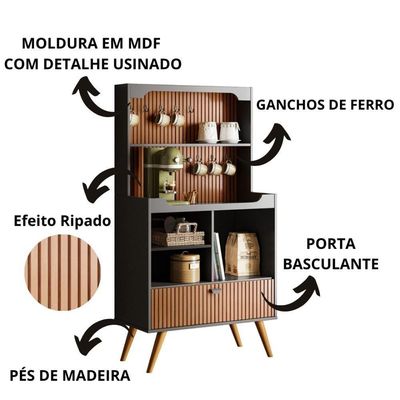 Cantinho Do Café Rubi - 1 Porta Basculante E Pés Em Madeira Preto Fosco-tauari Ripado - Lukaliam Móveis Preto Fosco-tauari Ripado