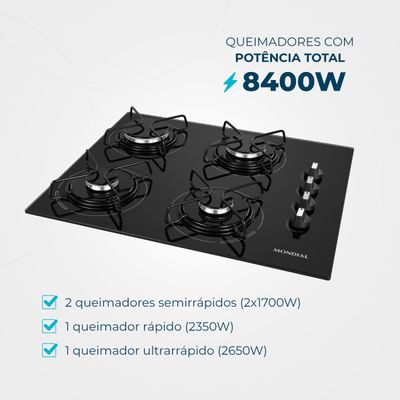 Cooktop a Gás 4 Bocas Mondial Preto e Inox CTG-01 Bivolt
