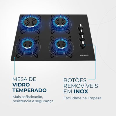 Cooktop a Gás 4 Bocas Mondial Preto e Inox CTG-01 Bivolt