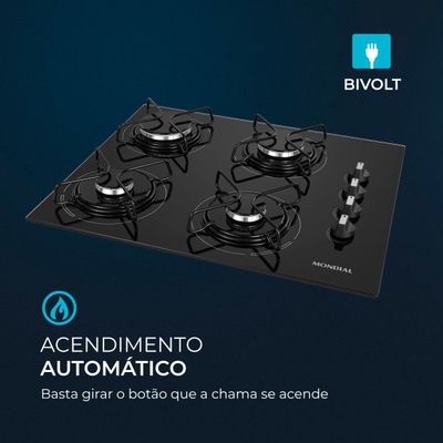 Cooktop a Gás 4 Bocas Mondial Preto e Inox CTG-01 Bivolt