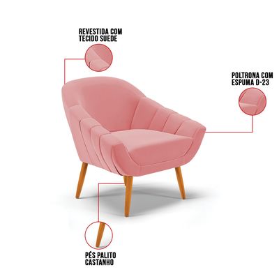 Poltrona Giovana Suede Rosê Pés Palito Castanho D03 - D'Rossi