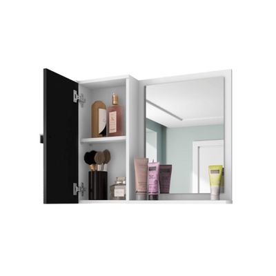 Espelheira Turim Para Banheiro Com Porta E 6 Nichos E Prateleira Branco-nero