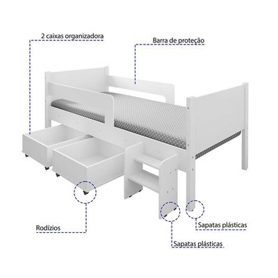 Cama Solteiro Com 2 Baus Organizador E Escada Luna Plus Branco