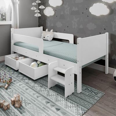 Cama Solteiro Com 2 Baus Organizador E Escada Luna Plus Branco