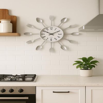 Relogio Parede Cozinha Talheres Estilo Retro Decorativo Branco Moderno Colher Garfo Elegante