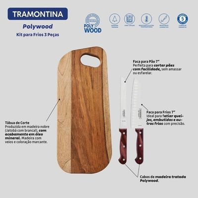 Conjunto Para Frios Tramontina Polywood Aço Inox E Cabos De Madeira Vermelho 3 Peças
