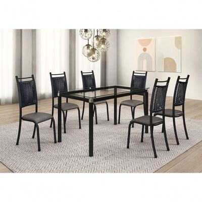 Conjunto Chicago 06 Cadeiras Com Base Tocantins Bm Tubulares Vidro Incolor-ratan Preto-courino 124