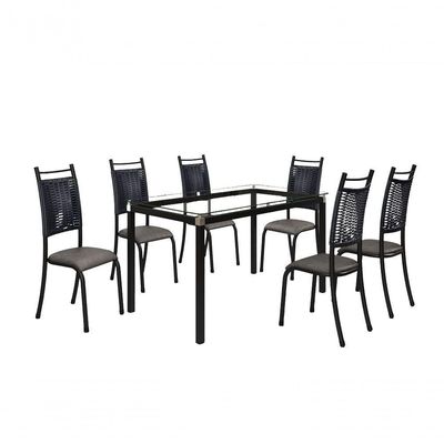 Conjunto Chicago 06 Cadeiras Com Base Tocantins Bm Tubulares Vidro Incolor-ratan Preto-courino 124