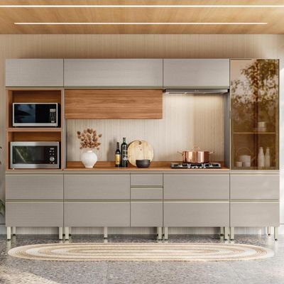 Cozinha Modulada Proença 6 Peças Com Cristaleira E Torre Quente 2 Fornos Nogueira Touch/Nude Prime Tx - Demartêz