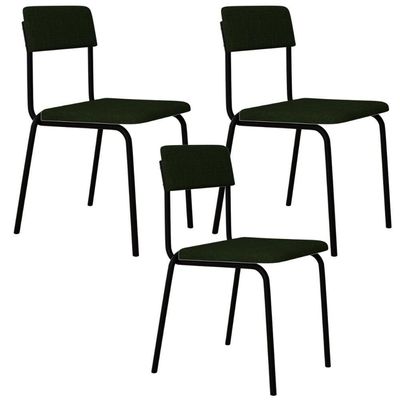 Kit 03 Cadeiras Estofada Para Sala De Jantar Sense Preto C01 Linho Verde Musgo - Lyam Decor