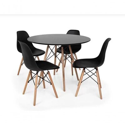 Conjunto De Mesa 4 Cadeiras Pretas Eames Eiffel 90cm Base Madeira Tampo Preto Preto