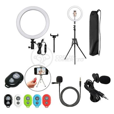 Ring Light 12 Polegadas Com Tripé De 1,5m + Disparador Remoto De Fotos Bluetooth + Microfone Lapela