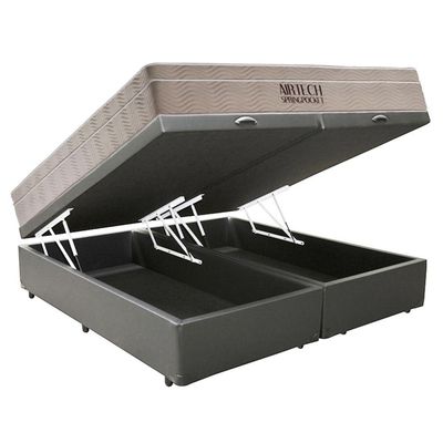 Cama Box Baú Casal Bipartido Sintético + Colchão Ortobom Airtech Molas Ensacadas 65x138x188 Cinza