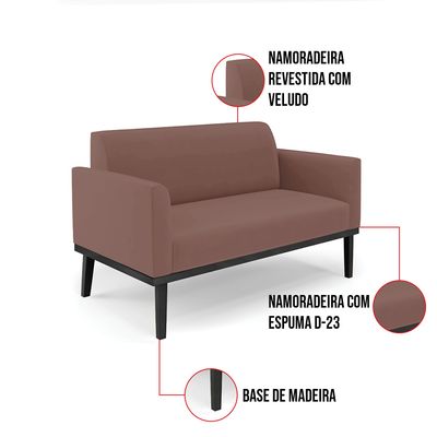 Sofá Namoradeira Base de Madeira Fixa Preto Marisa Veludo Rosê