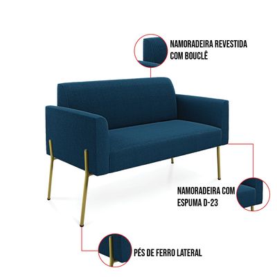 Sofá 2 Lugares Namoradeira Pé Ferro Dourado Marisa Bouclê Azul D03 - D'Rossi