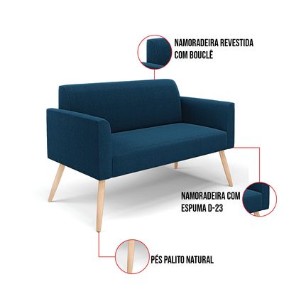 Sofá 2 Lugares Namoradeira Pé Palito Natural Marisa Bouclê Azul D03 - D'Rossi