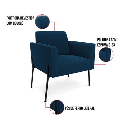 Poltrona Sala de Estar Pé Ferro Preto Marisa Bouclê Azul D03 - D'Rossi