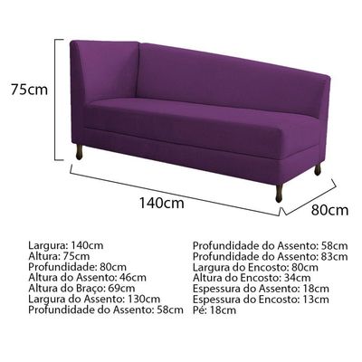 Kit Diva Recamier Heitor 140cm Lado Esquerdo e 02 Poltronas Luiza Suede Roxo
