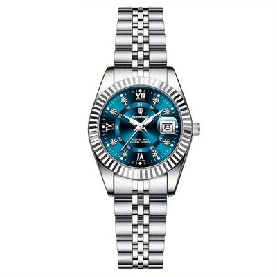 Relógio Feminino Elegante Com Strass Em Aço Inoxidável De Quartzo Casual Azul Prateado