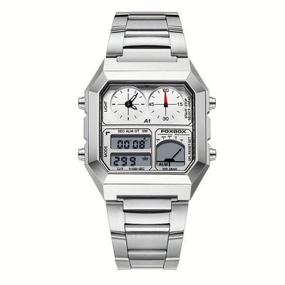 Relógio Digital Masculino Design Clássico Duplo Display Em Aço Inoxidável 3atm Branco Prata