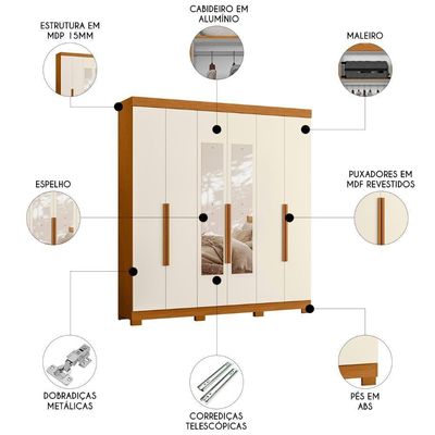 Guarda Roupa Casal 200cm Com Espelho Viny A02 Off/cinamomo - Mpozenato