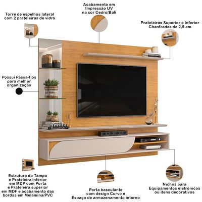 Painel Para TV 60 Pol com Bancada Suspensa 180cm Judá D05 Cedro Bali - Lyam Decor