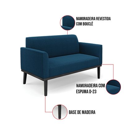 Sofá 2 Lugares Namoradeira Madeira Preto Marisa Bouclê Azul D03 - D'Rossi