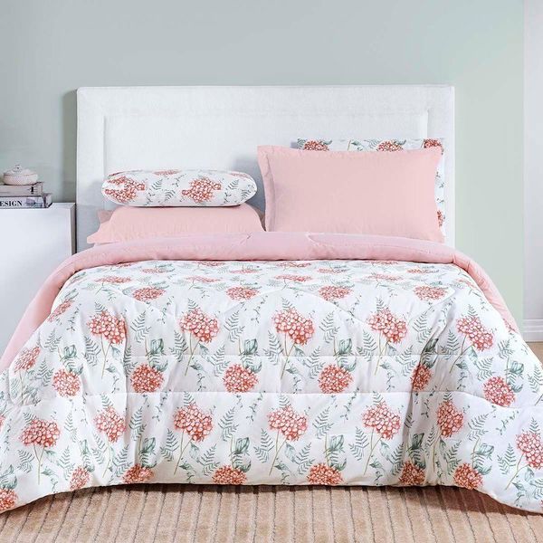 Edredom Cobertor Casa Scarpa Maris Queen Percalle 200 Fios Estampado Floral Hortênsia Salmão