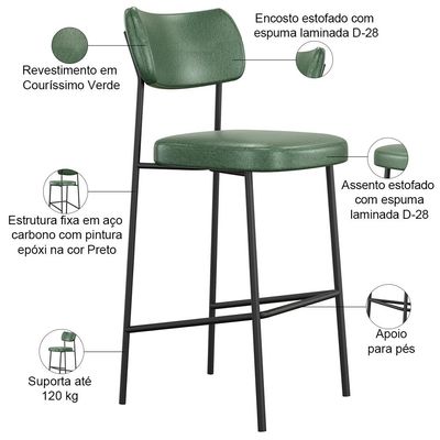 Kit 03 Banquetas Alta Bar Cozinha Sala De Jantar Preto Melina L02 Couríssimo Verde - Lyam Decor