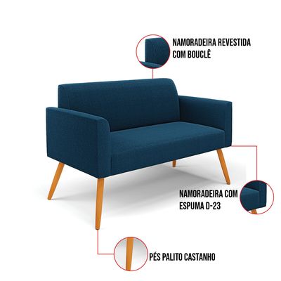 Sofá 2 Lugares Namoradeira Pé Palito Castanho Marisa Bouclê Azul D03 - D'Rossi