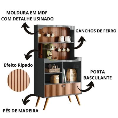 Cantinho Do Café Rubi - 1 Porta Basculante Em Mdf Cinza Perolizado-tauari Ripado - Lukaliam Móveis