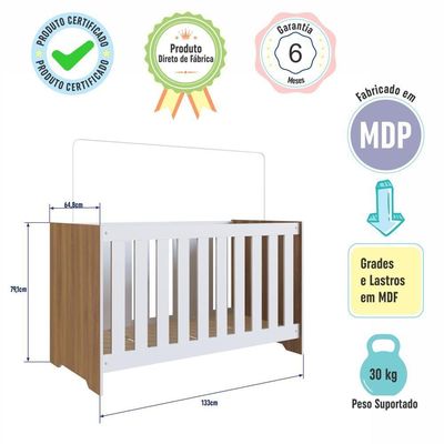 Berço Infantil Cama 3 em 1 133cm Regulagem de Altura Nogal com Branco