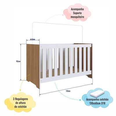 Berço Infantil Cama 3 em 1 133cm Colchão Regulagem de Altura Nogal
