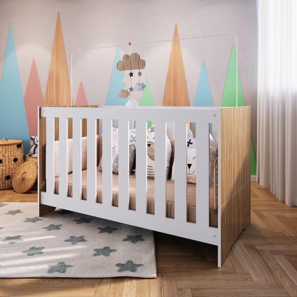 Berço Infantil Cama 3 em 1 133cm Colchão Regulagem de Altura Nogal