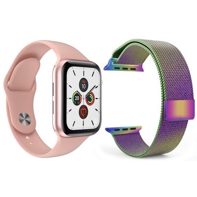 Kit 1 Smartwatch T500 Iwo Max Rosa + 1 Pulseira Arco Íris