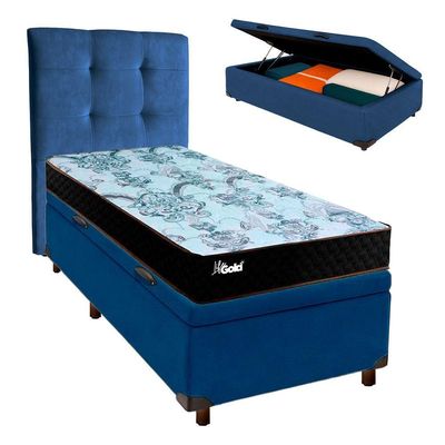 Cama + Bau Azul E Colchão Molas Ensacadas Solteiro - Life Gold Paropas + Cabeceira